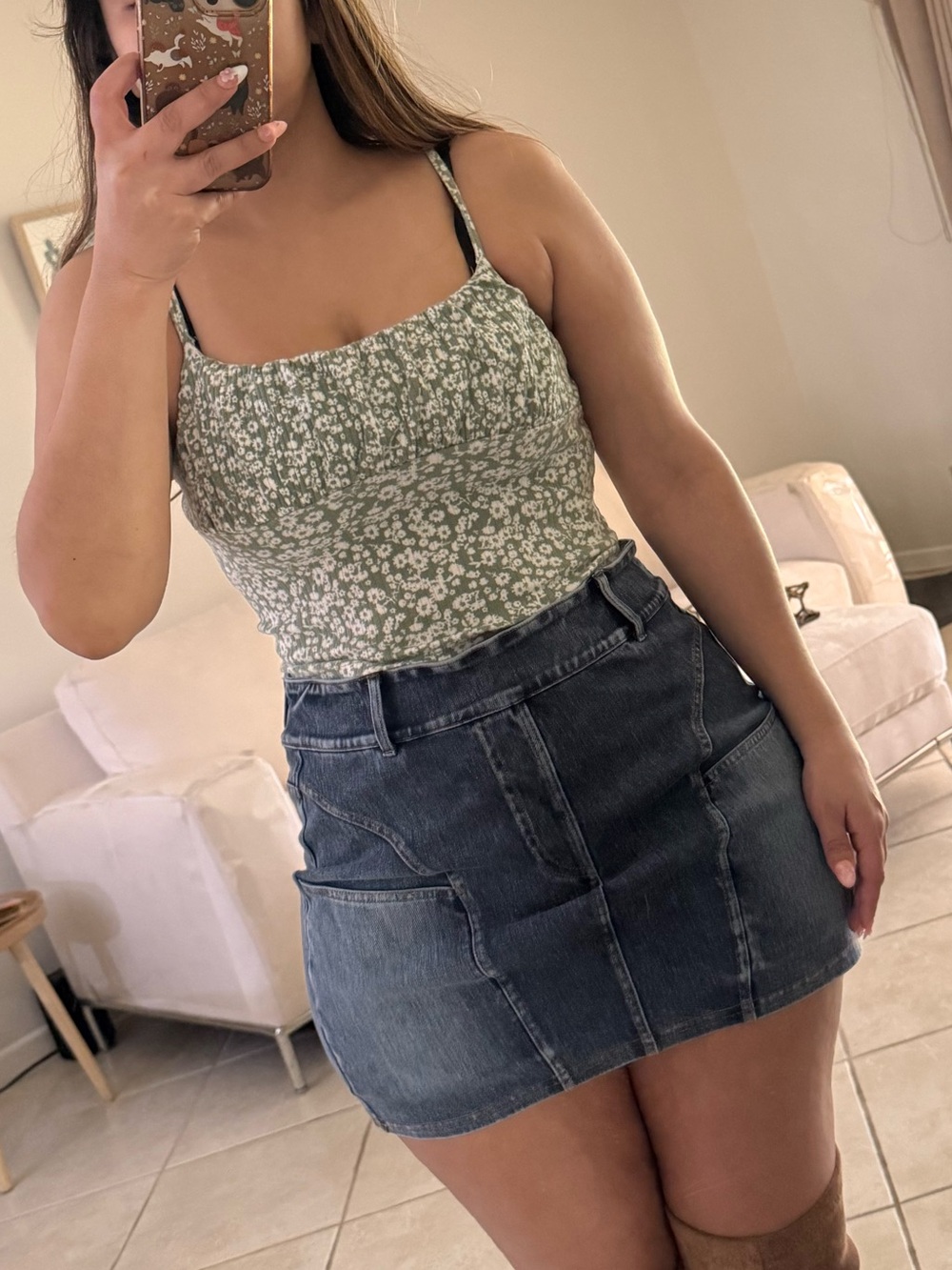 Y2K Cottagecore Green floral tank top with white floral print sz Sm